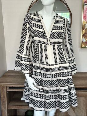 Devotion Twins Ella Midi Dress -Black/Off White Sz M, boho embroidered dress